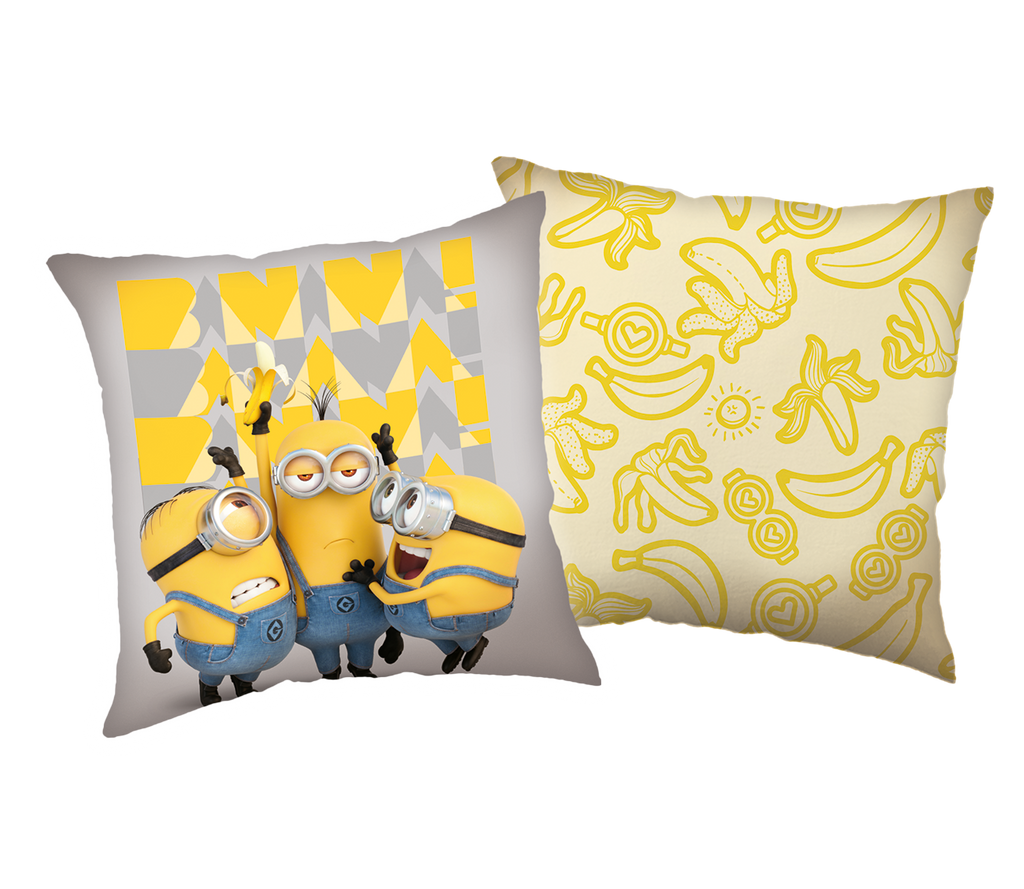 Freigestelltes Minions-Wendekissen vor schwarzem Hintergrund mit drei Minions vorne und gelbem Bananen-Muster hinten.