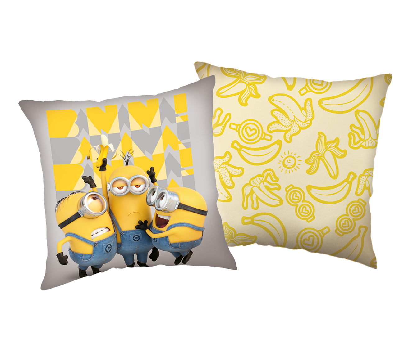 Freigestelltes Minions-Wendekissen vor schwarzem Hintergrund mit drei Minions vorne und gelbem Bananen-Muster hinten.