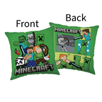 Produktgrafik der Vorder- und Rückseite des grünen Minecraft-Kissens mit Beschriftung „Front“ und „Back“.