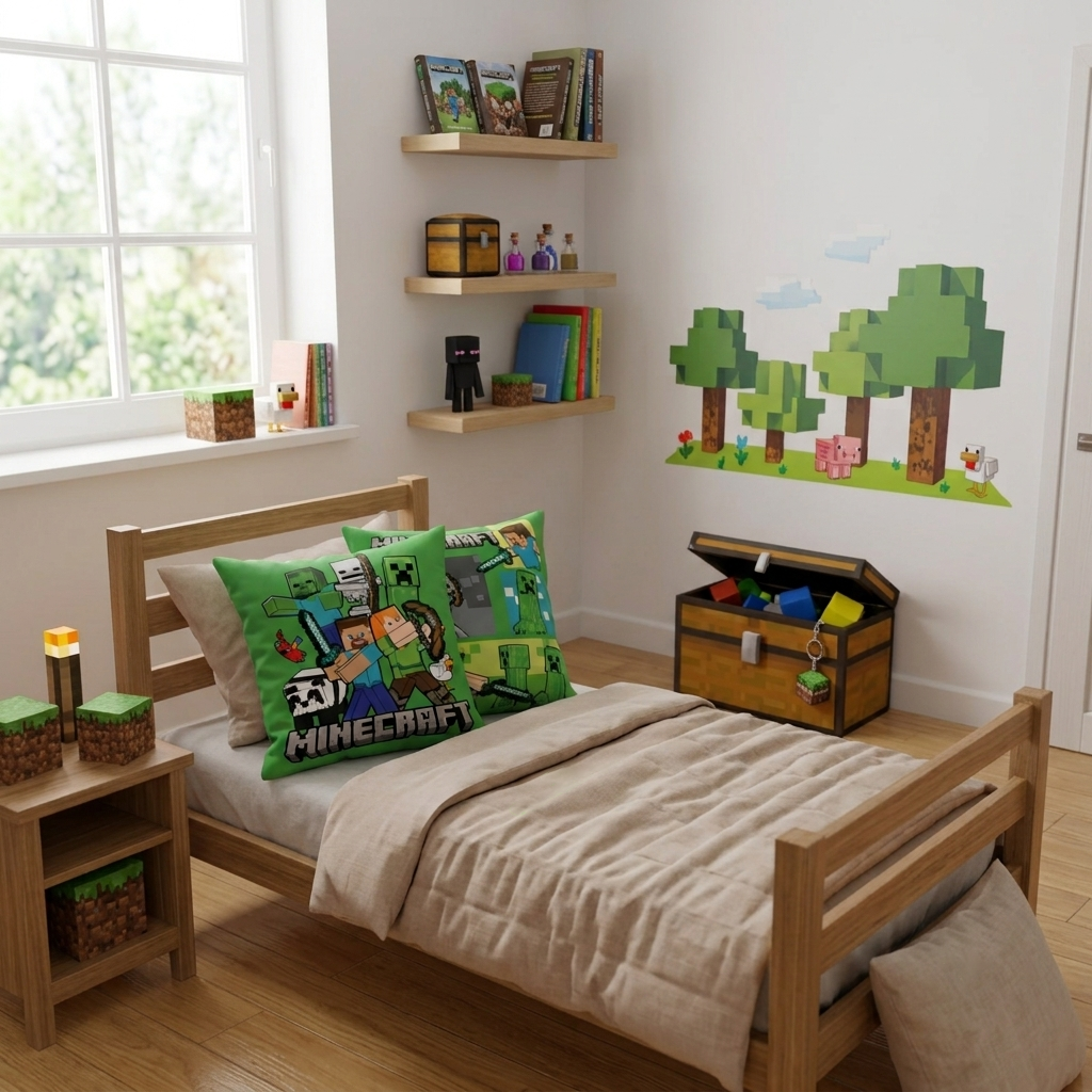 Dekoriertes Kinderbett aus Holz mit Minecraft-Kissen und passenden Deko-Elementen im Raum.