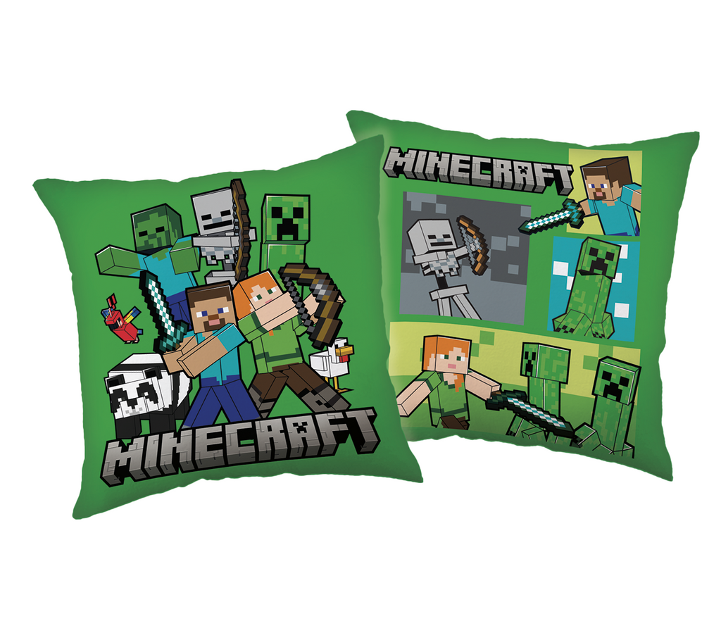 Freigestellte Ansicht der Vorder- und Rückseite des grünen Minecraft-Kissens auf weißem Hintergrund.