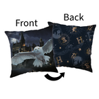 Produktgrafik der Vorder- und Rückseite des Harry-Potter-Kissens mit Pfeil und Beschriftung „Front“ und „Back“.