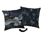 Freigestellte Grafik der Vorder- und Rückseite des Harry-Potter-Wendekissens mit Wendepfeil vor weißem Hintergrund.