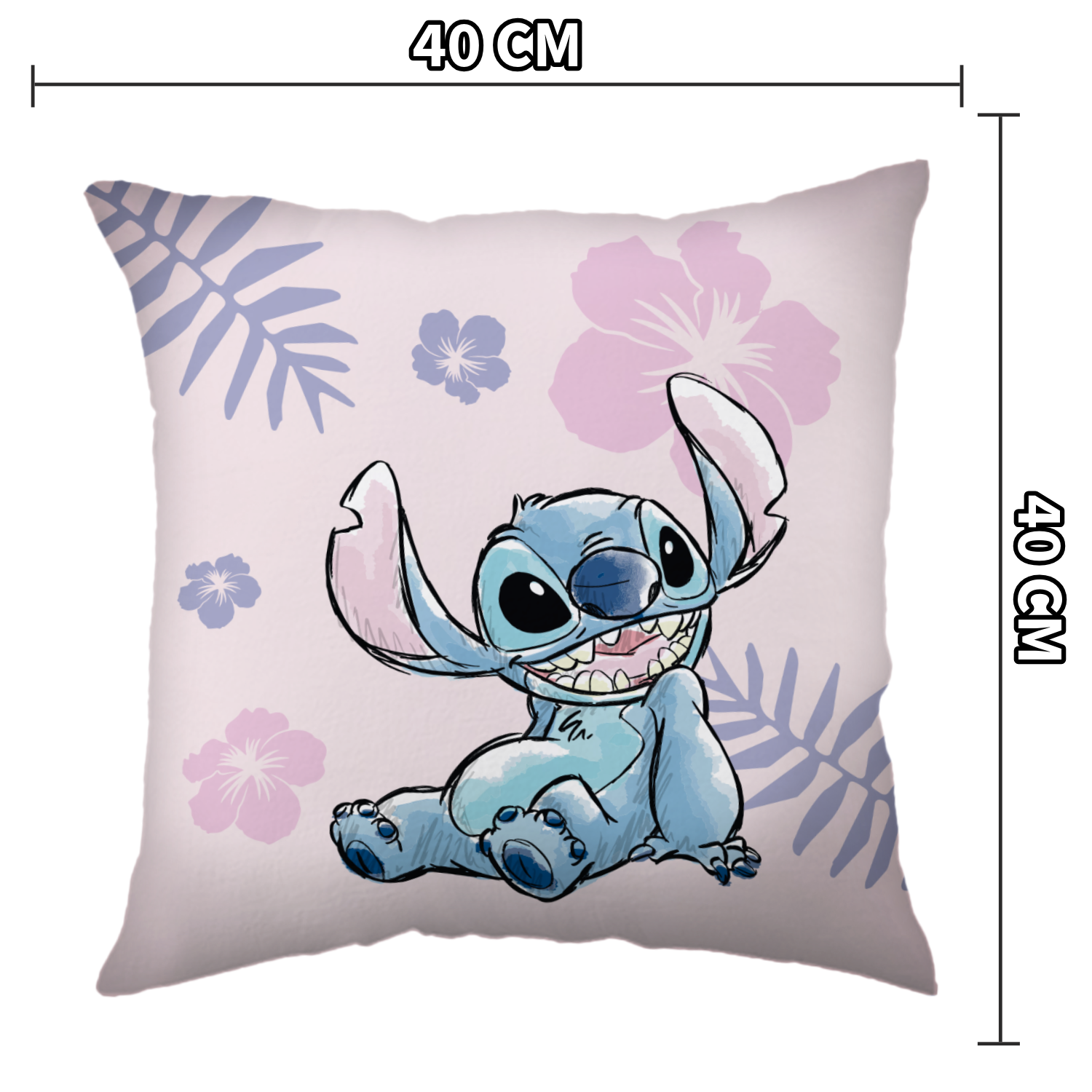 Produktgrafik der Vorder- und Rückseite des hellblauen Stitch-Kissens mit Pfeil und Beschriftung „Front“ und „Back“.
