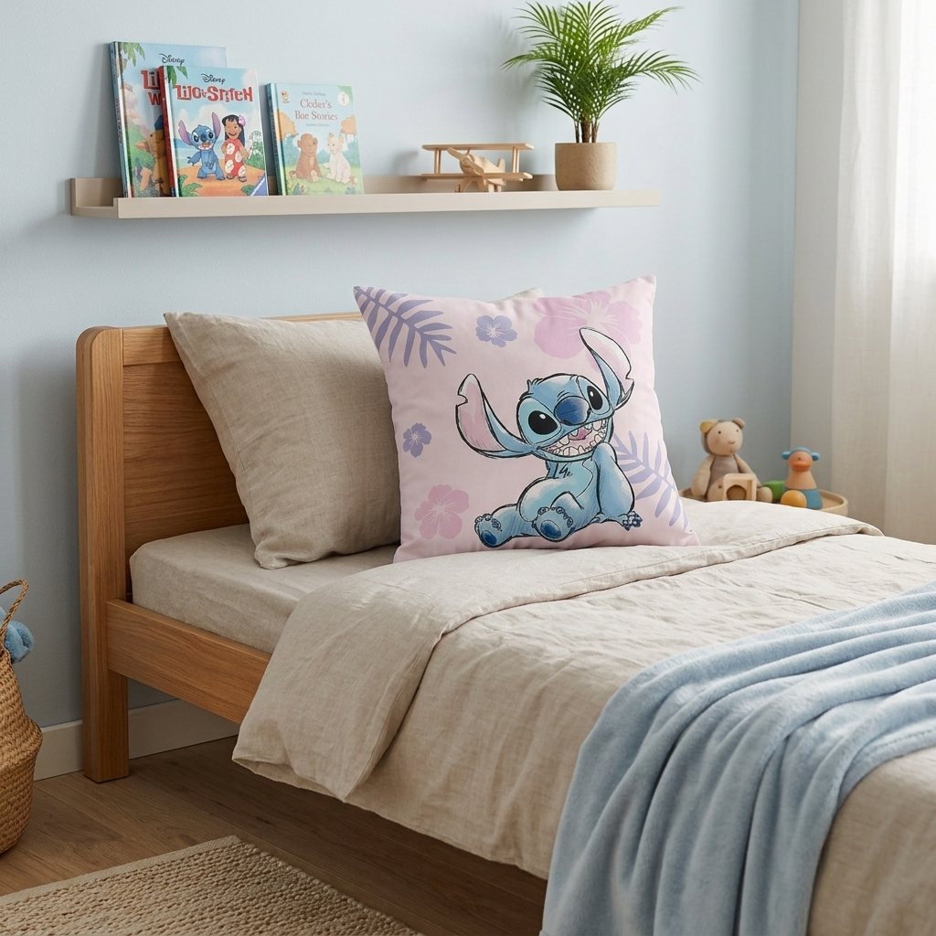 Komplettansicht eines hellblau dekorierten Kinderbetts mit beiden Wendemotiven des Disney-Stitch-Kissens.