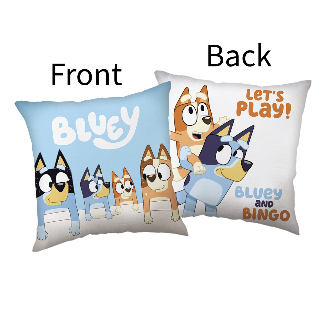 Produktgrafik der Vorder- und Rückseite des Bluey-Kissens mit Beschriftung „Front“ und „Back“.