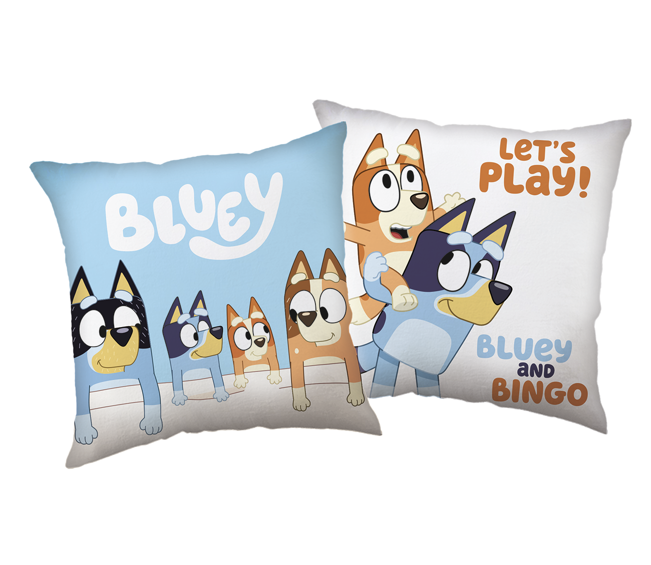 Freigestellte Grafik der Vorder- und Rückseite des Bluey-Wendekissens vor weißem Hintergrund.