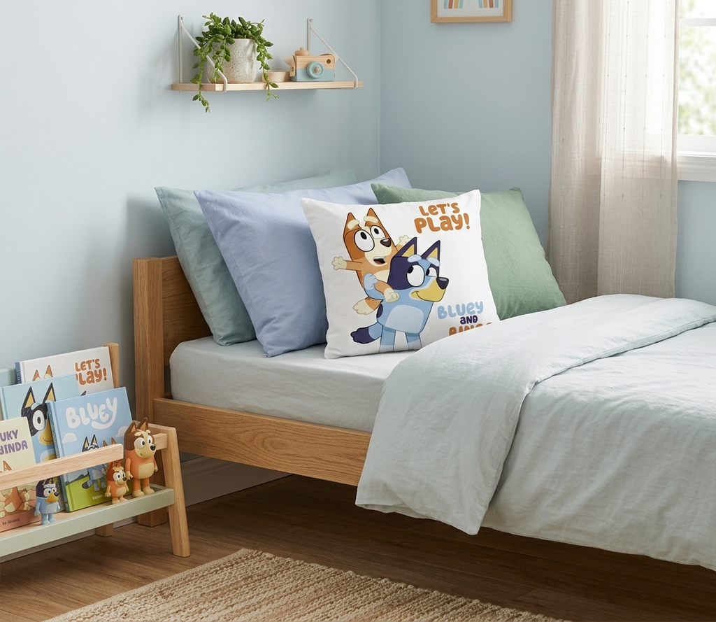 Komplettansicht eines Kinderbetts mit der weißen Rückseite des Bluey-Kissens („Let's Play!“).