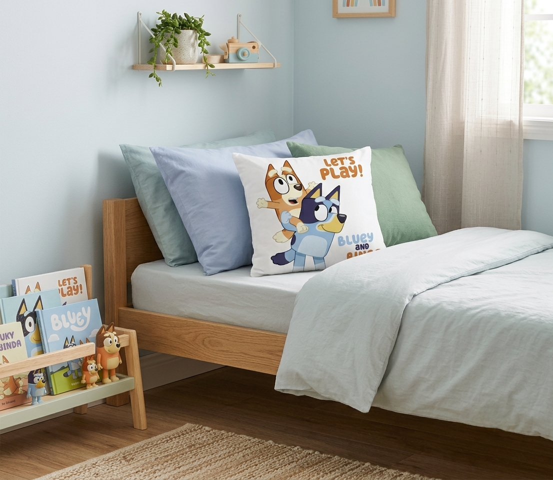 Komplettansicht eines Kinderbetts mit der weißen Rückseite des Bluey-Kissens („Let's Play!“).
