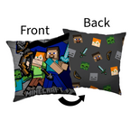 Produktgrafik der Vorder- und Rückseite des Minecraft-Kissens mit Beschriftung „Front“ und „Back“.