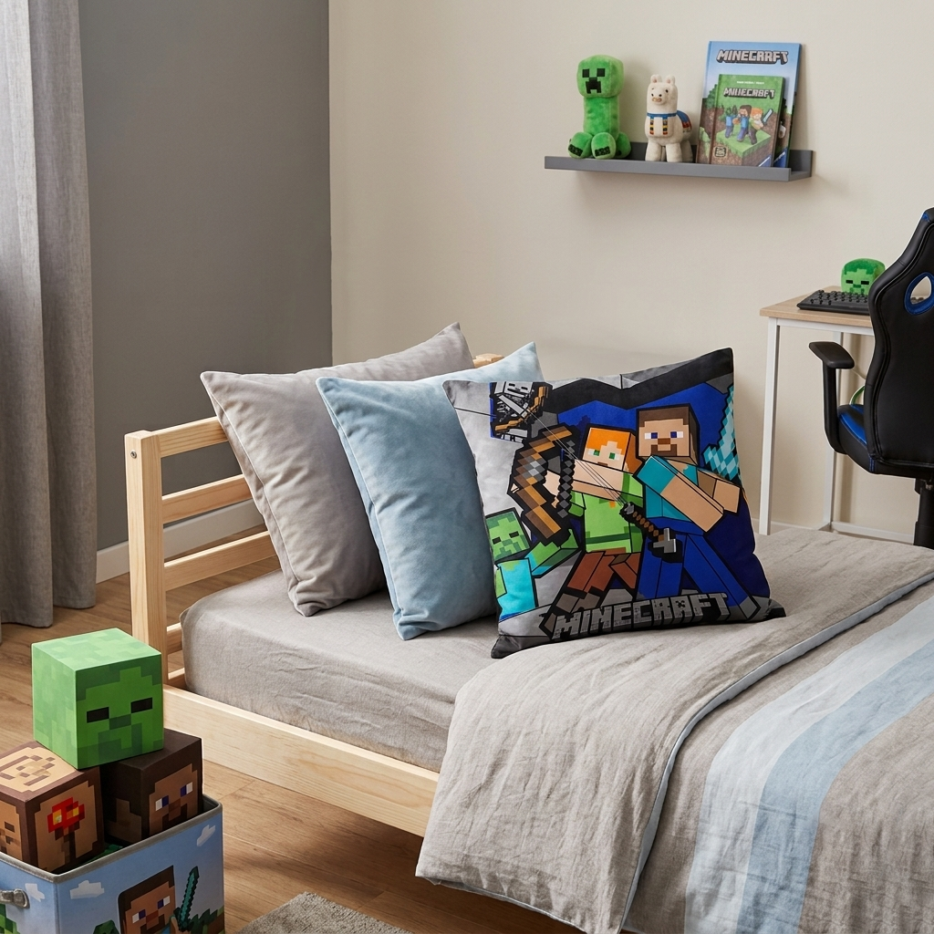 Komplettansicht eines Kinderzimmers im Minecraft-Design mit Deko-Kissen auf dem Holzbett.