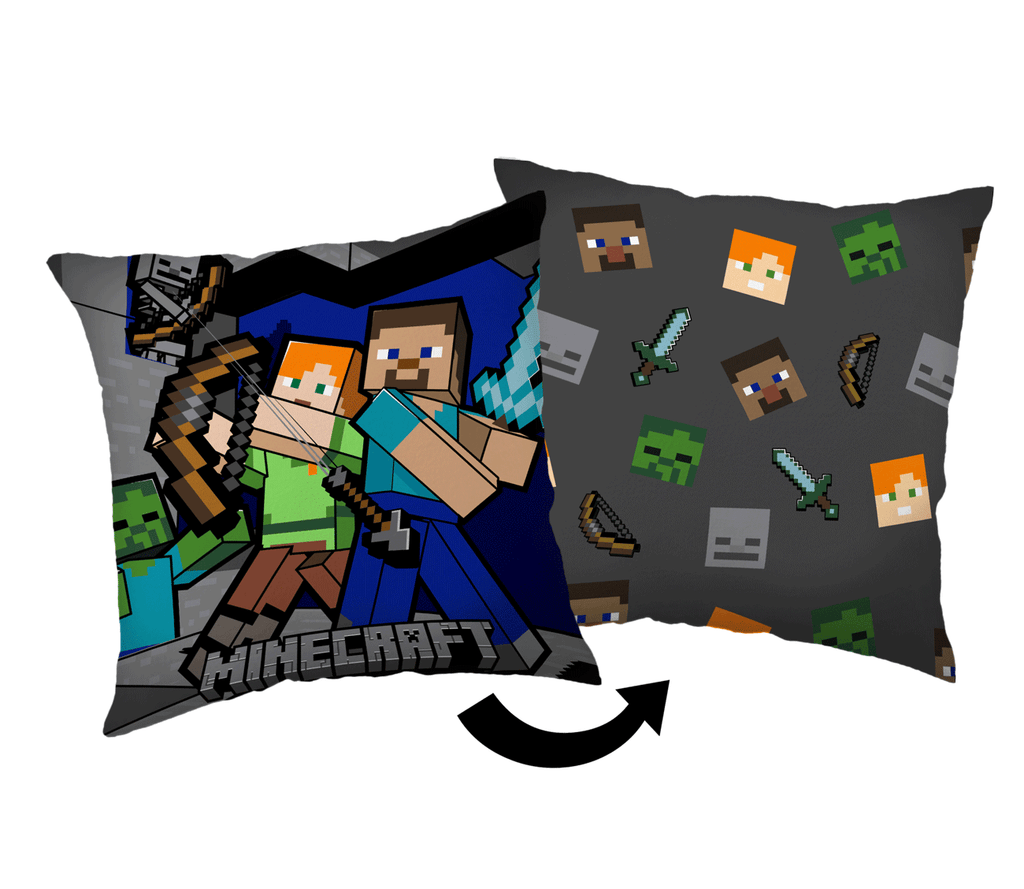 Freigestellte Grafikanzeige beider Wendemotive des Minecraft-Kissens mit Pfeil auf weißem Hintergrund.