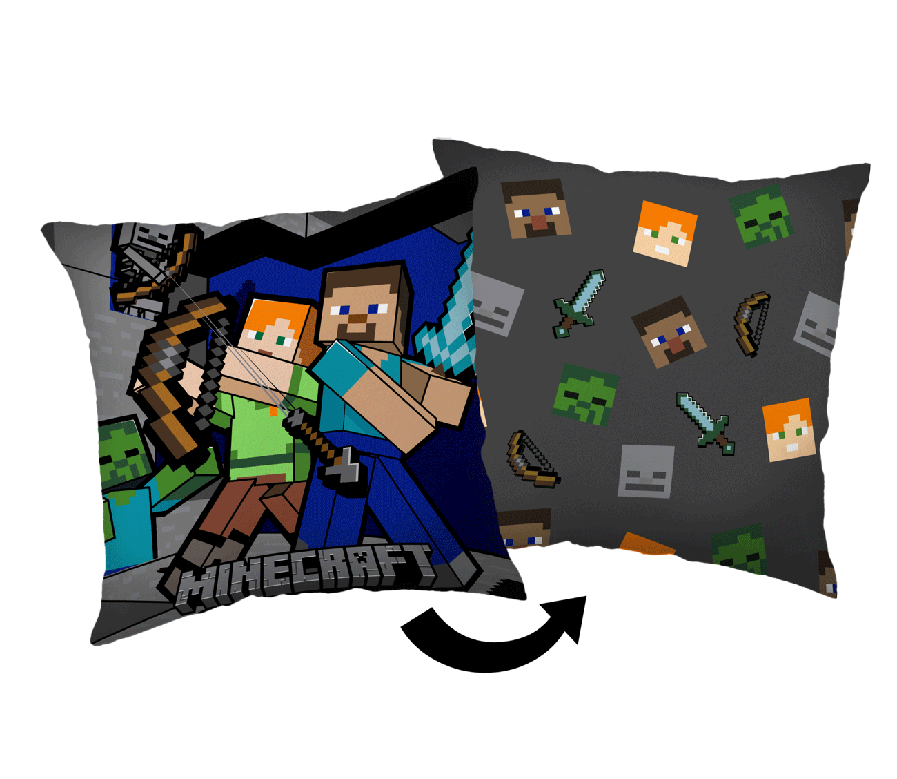Freigestellte Grafikanzeige beider Wendemotive des Minecraft-Kissens mit Pfeil auf weißem Hintergrund.