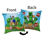 Produktgrafik der Vorder- und Rückseite des Minecraft-Kissens mit Beschriftung „Front“ und „Back“.