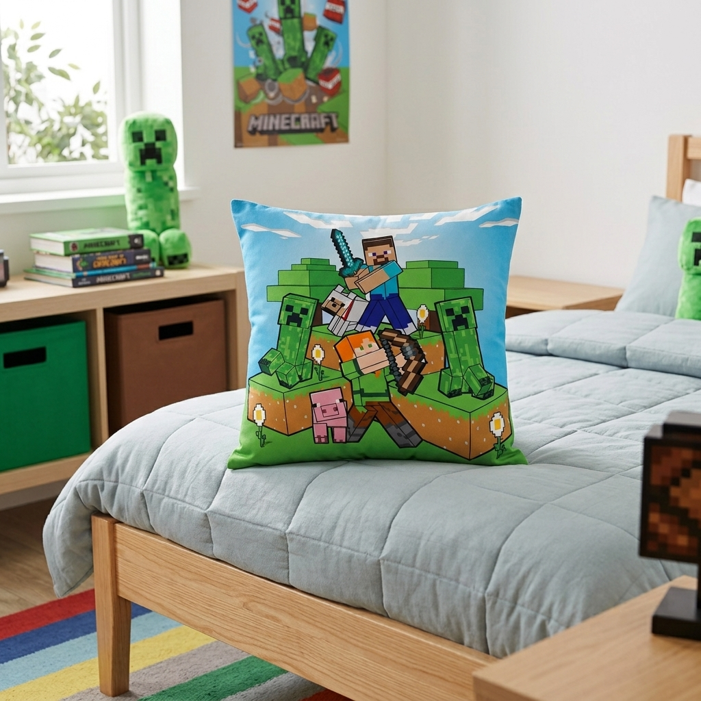 Nahaufnahme der Vorderseite des Minecraft-Kissens mit Steve, Alex und Schwein auf einem Bett.