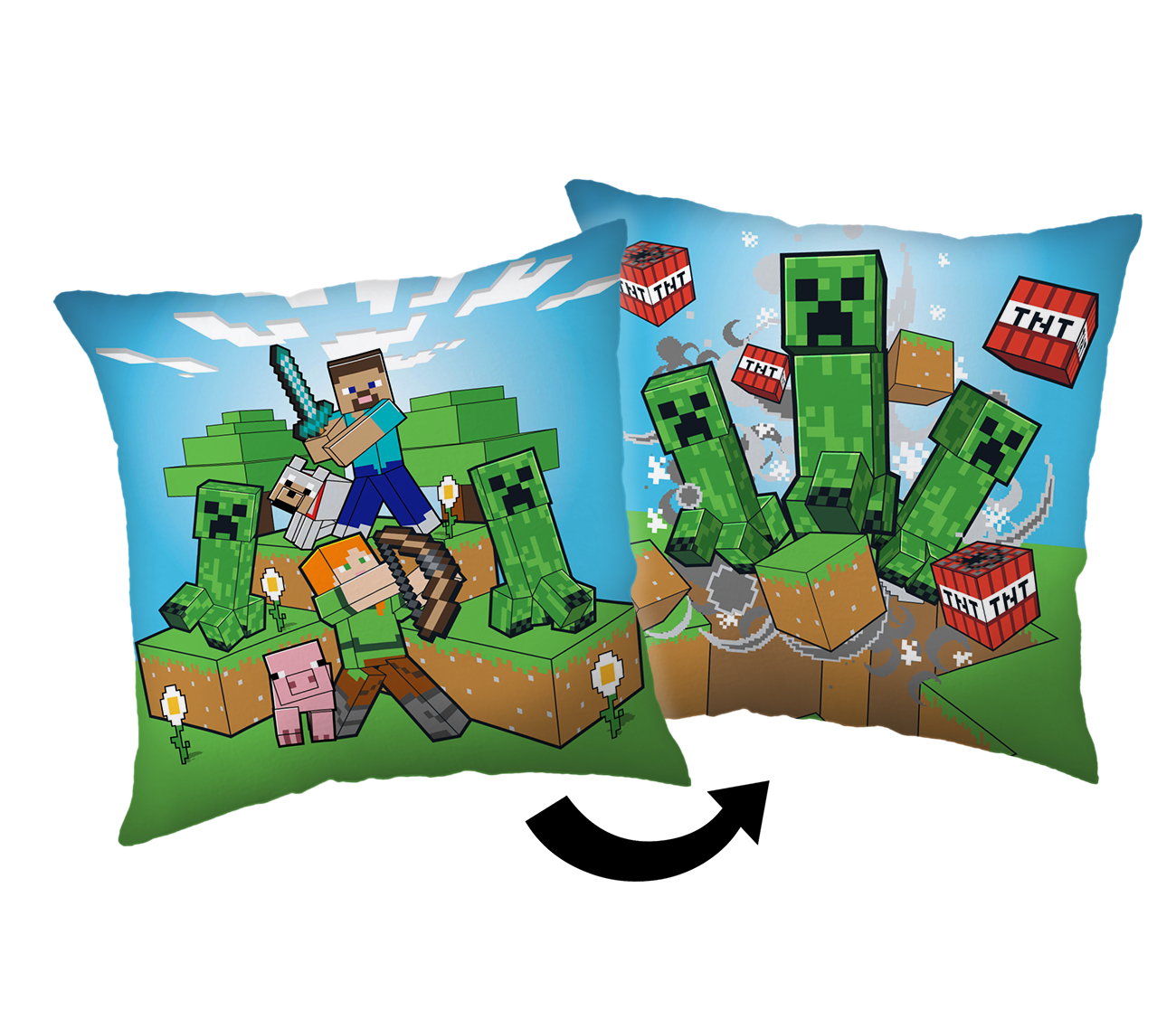 Freigestellte Grafik der Vorder- und Rückseite des Minecraft-Kissens vor weißem Hintergrund.