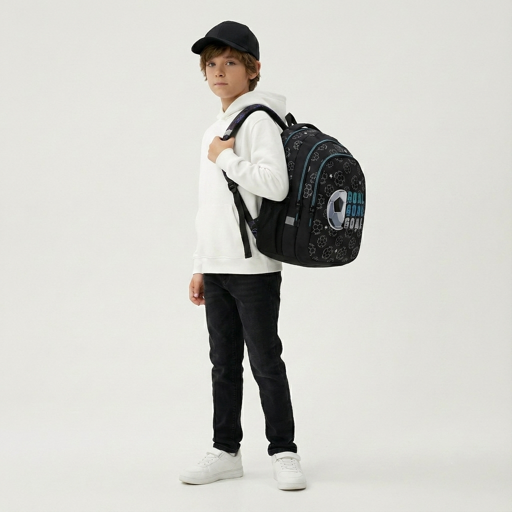 Junge mit weißem Hoodie und Cap trägt den schwarzen Fußball-Schulrucksack seitlich auf der Schulter. Schulrucksack Rucksack Studio V Top Scorers Fußball Goal Schwarz 44 cm