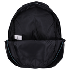 Blick in das geöffnete, geräumige Hauptfach des schwarzen Schulrucksacks mit weißem Innenetikett. Schulrucksack Rucksack Studio V Top Scorers Fußball Goal Schwarz 44 cm