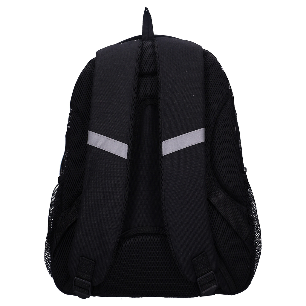 Ergonomische Rückenansicht des Rucksacks mit gepolsterten Tragegurten, Brustgurt und Reflektoren. Schulrucksack Rucksack Studio V Top Scorers Fußball Goal Schwarz 44 cm