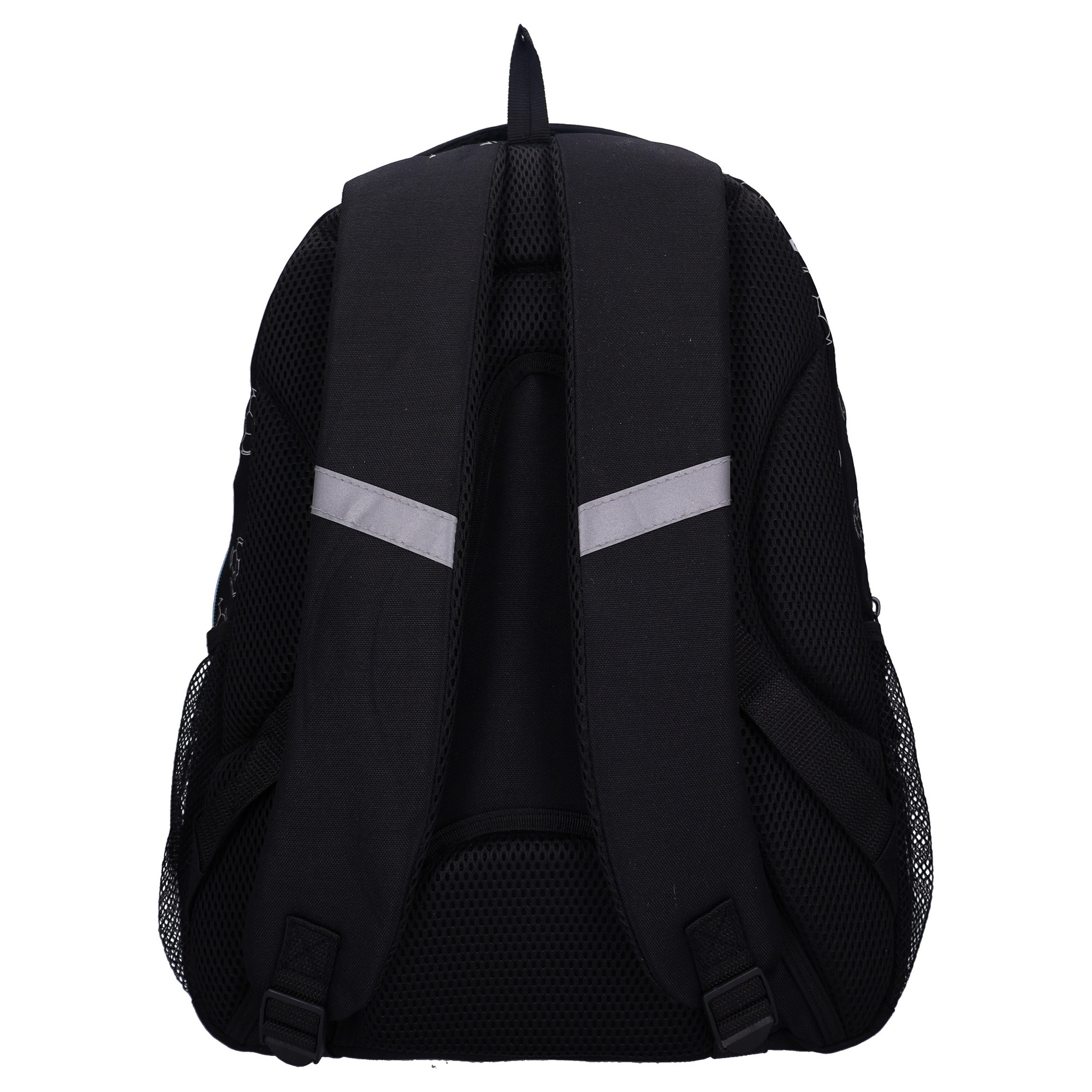 Ergonomische Rückenansicht des Rucksacks mit gepolsterten Tragegurten, Brustgurt und Reflektoren. Schulrucksack Rucksack Studio V Top Scorers Fußball Goal Schwarz 44 cm