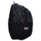 Seitenansicht des Fußball-Rucksacks mit Netz-Seitentasche, blauen Reißverschlüssen und Sicherheitsreflektor. Schulrucksack Rucksack Studio V Top Scorers Fußball Goal Schwarz 44 cm