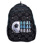 Frontalansicht des schwarzen Rucksacks mit Fußball-Print, Sternenmuster und Schriftzug „GOAL GOAL GOAL“. Schulrucksack Rucksack Studio V Top Scorers Fußball Goal Schwarz 44 cm