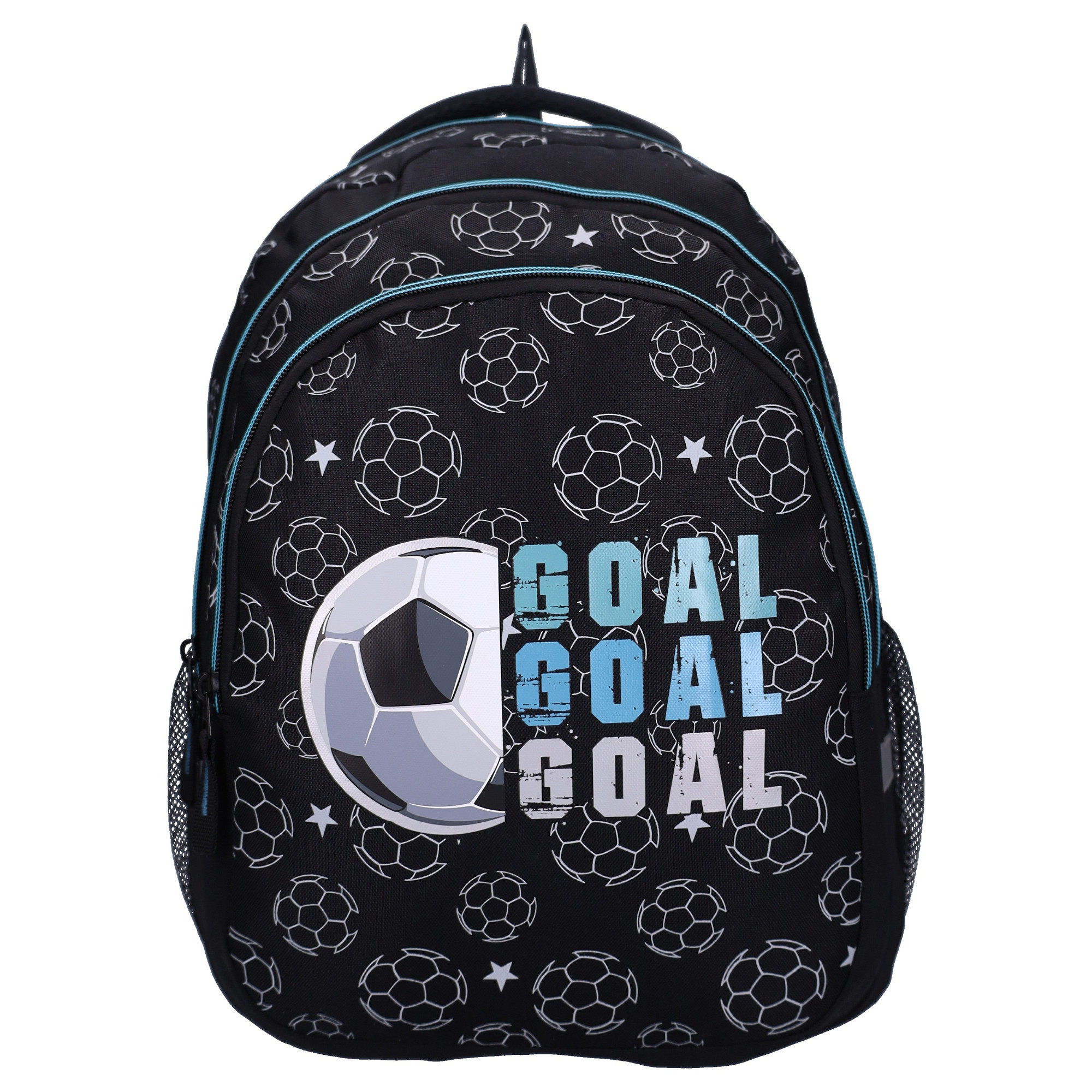 Frontalansicht des schwarzen Rucksacks mit Fußball-Print, Sternenmuster und Schriftzug „GOAL GOAL GOAL“. Schulrucksack Rucksack Studio V Top Scorers Fußball Goal Schwarz 44 cm