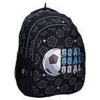 Schräge Frontansicht des dreifächrigen Fußball-Schulrucksacks auf weißem Hintergrund. Schulrucksack Rucksack Studio V Top Scorers Fußball Goal Schwarz 44 cm