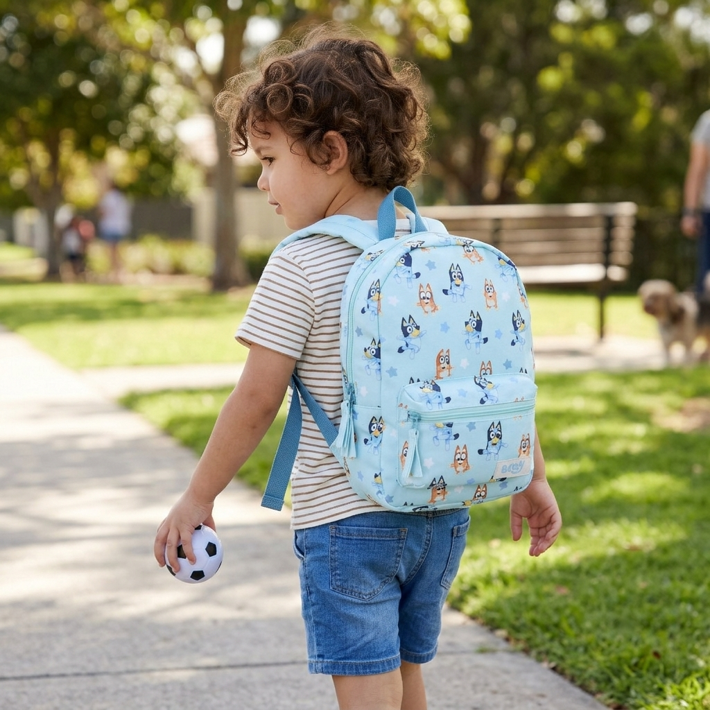 Kleinkind von hinten im Park mit dem hellblauen Bluey Kinderrucksack auf dem Rücken und Minifußball. Rucksack Bluey Style Legends Kinderrucksack Hellblau 33 cm