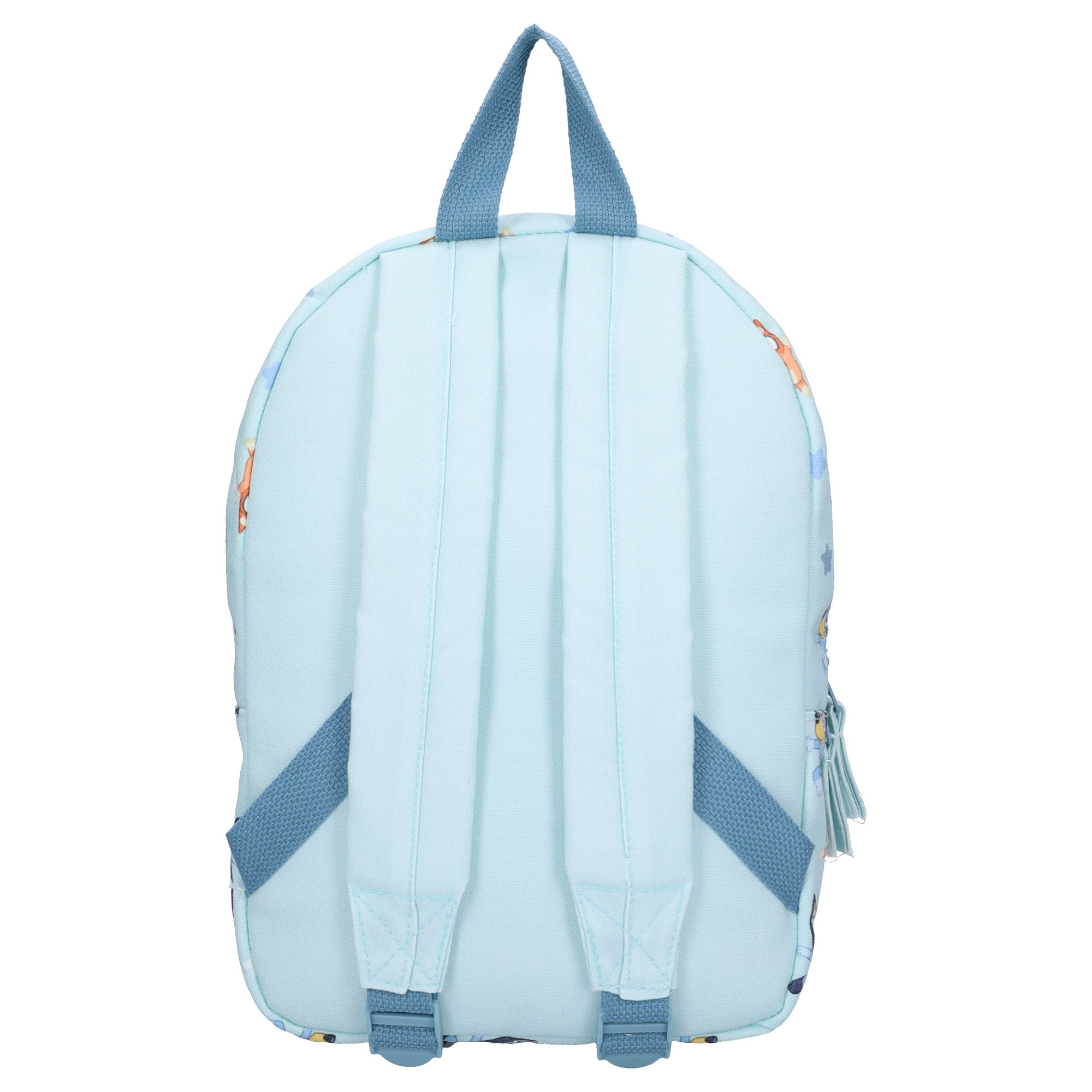 Rückansicht des hellblauen Bluey Rucksacks mit verstellbaren, gepolsterten Schultergurten und Trageschlaufe. Rucksack Bluey Style Legends Kinderrucksack Hellblau 33 cm