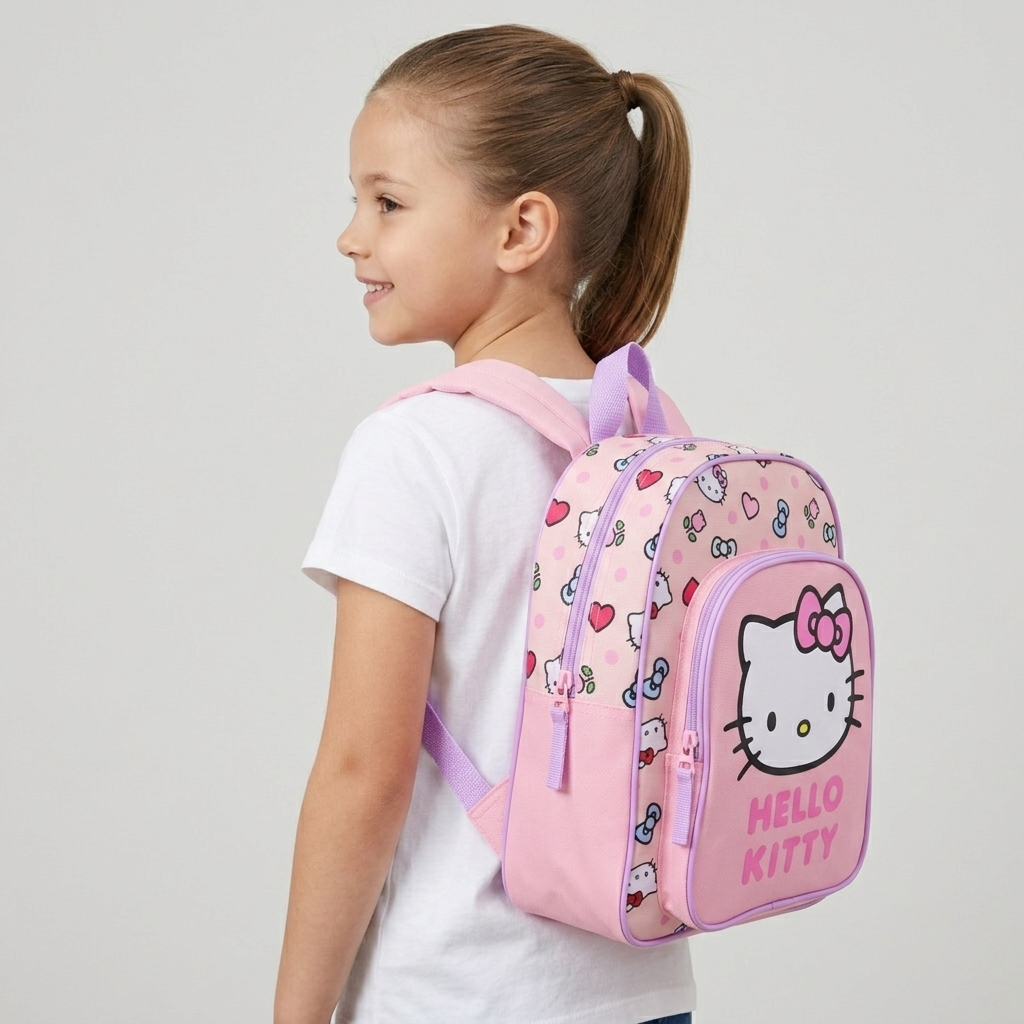 Mädchen von der Seite mit dem rosa Hello Kitty Sweet Charm Kinderrucksack auf dem Rücken vor grauem Hintergrund.