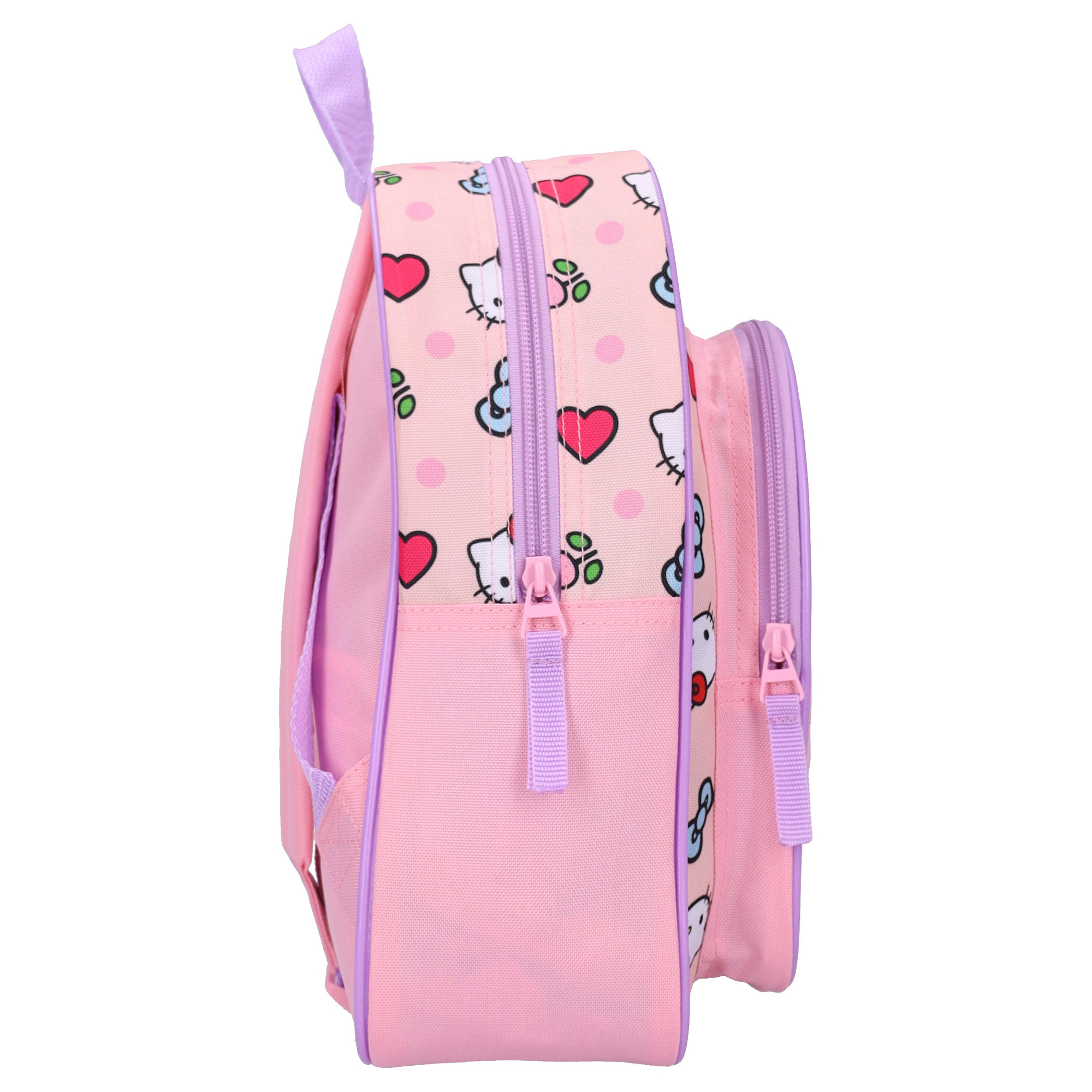 Seitenansicht des rosa Hello Kitty Sweet Charm Rucksacks mit lila Reißverschlüssen und bedrucktem Seitenbereich.
