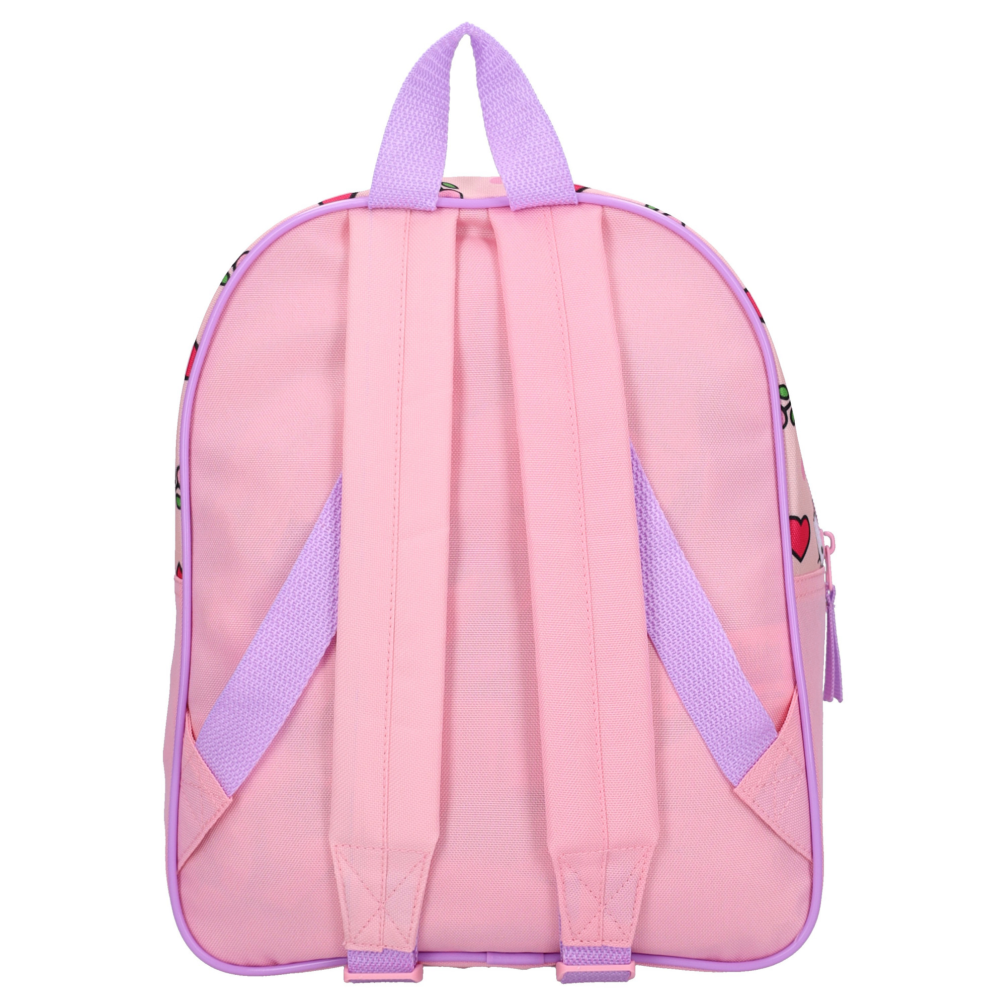 Rückansicht des rosa Hello Kitty Sweet Charm Rucksacks mit verstellbaren Schultergurten und lila Trageschlaufe.