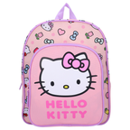 Frontalansicht des rosa Kinderrucksacks mit Hello Kitty Gesicht und Schriftzug auf der Vortasche.