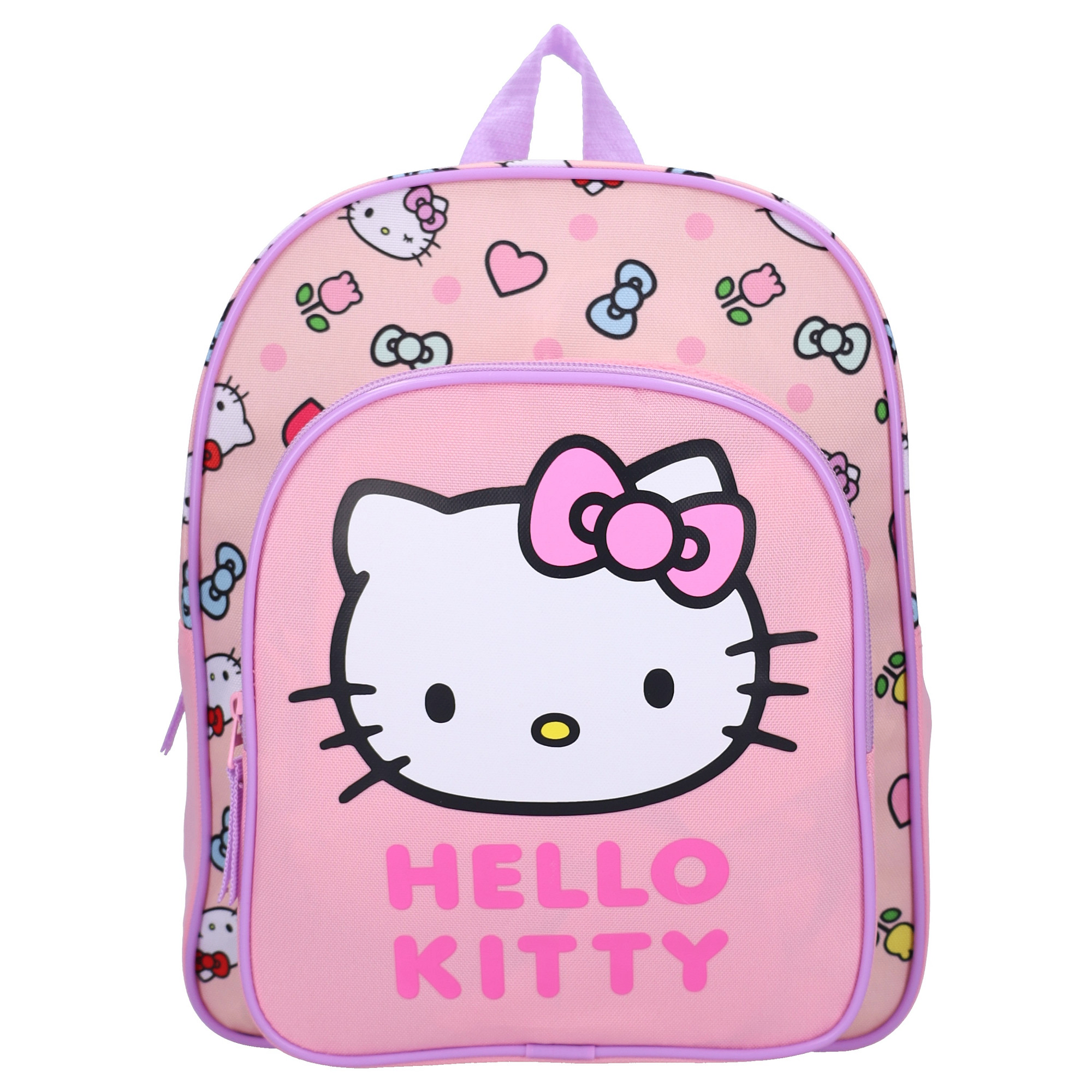 Frontalansicht des rosa Kinderrucksacks mit Hello Kitty Gesicht und Schriftzug auf der Vortasche.
