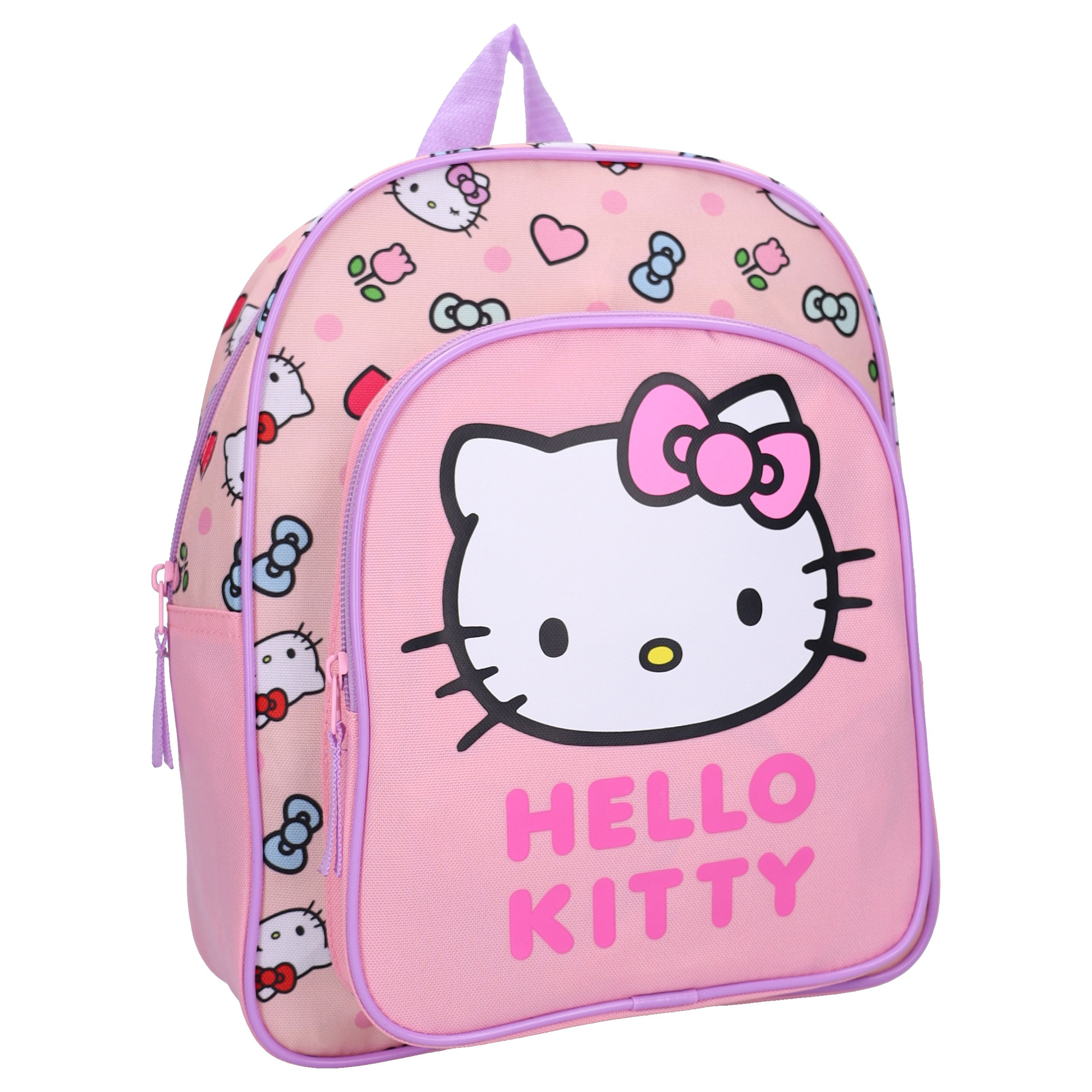Schräge Frontansicht des rosa Hello Kitty Sweet Charm Rucksacks vor weißem Hintergrund.