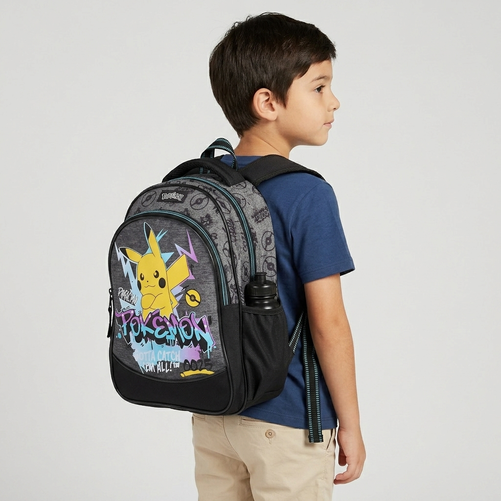 Junge im blauen T-Shirt von der Seite mit dem grauen Pokémon Rucksack auf dem Rücken vor hellgrauem Hintergrund.