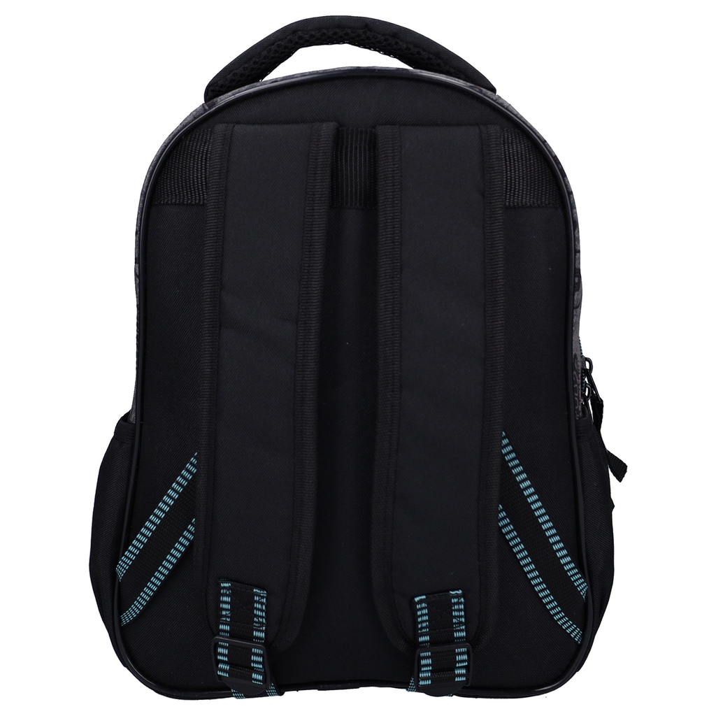 Ergonomische Rückenansicht des schwarzen Pokémon Rucksacks mit gepolsterten Schultergurten und Tragegriff.
