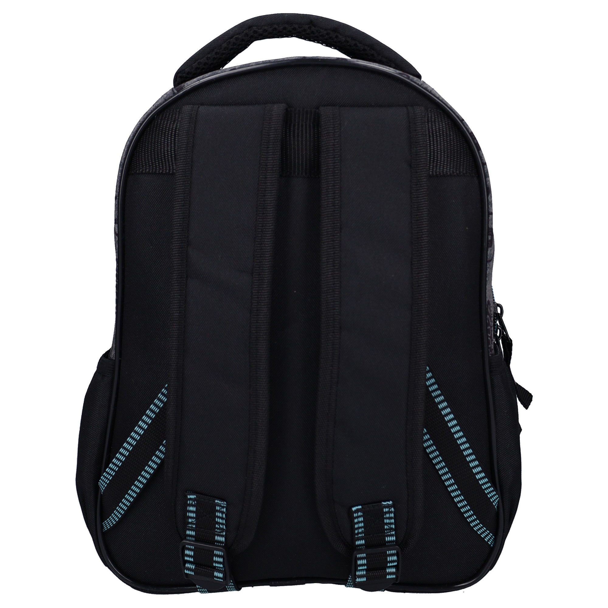 Ergonomische Rückenansicht des schwarzen Pokémon Rucksacks mit gepolsterten Schultergurten und Tragegriff.