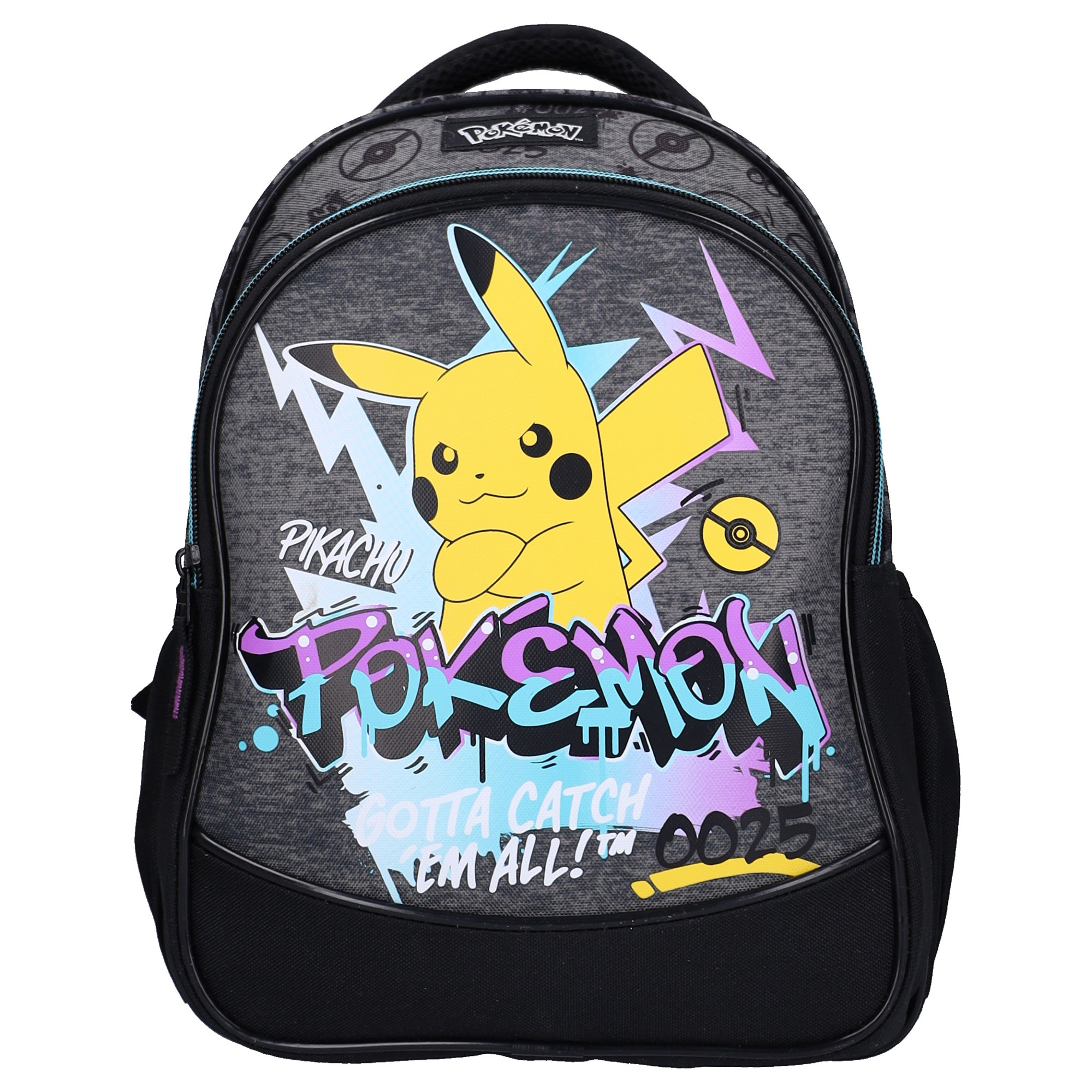 Frontalansicht des Pokémon Rucksacks mit großem Pikachu-Graffiti-Print und „Gotta Catch 'Em All!“-Schriftzug.