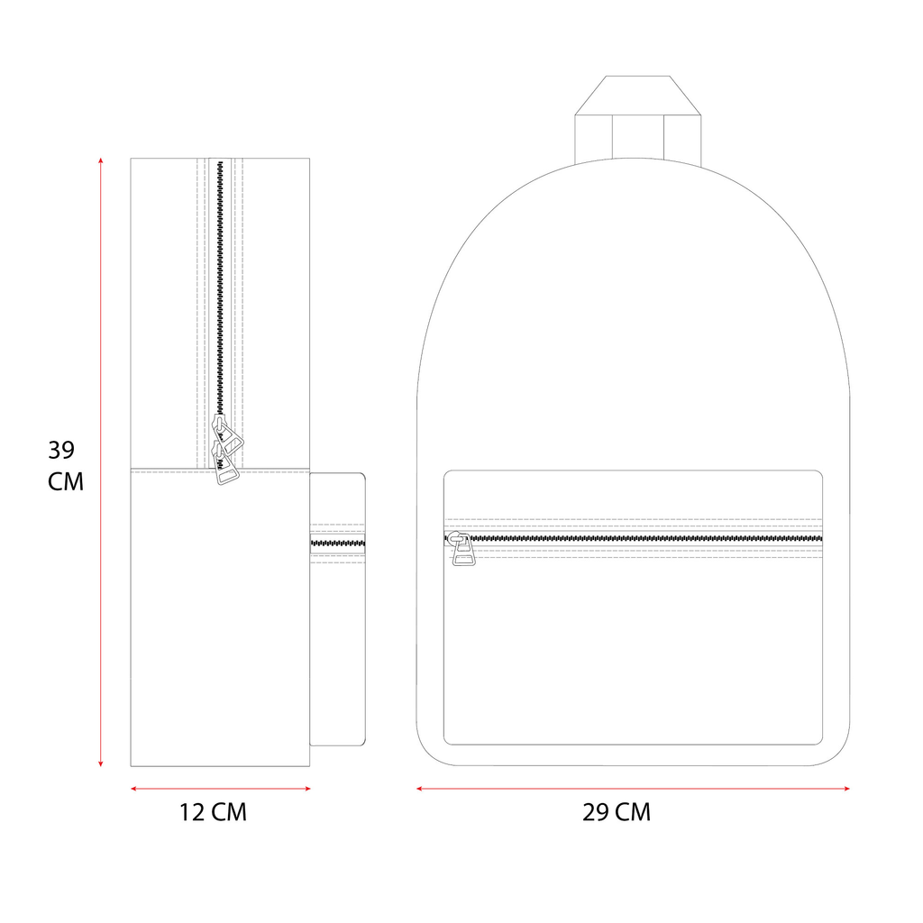 Technische Strichzeichnung des Rucksacks mit Maßangaben: 39 cm Höhe, 29 cm Breite und 12 cm Tiefe.