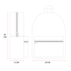 Technische Strichzeichnung des Rucksacks mit Maßangaben: 39 cm Höhe, 29 cm Breite und 12 cm Tiefe.