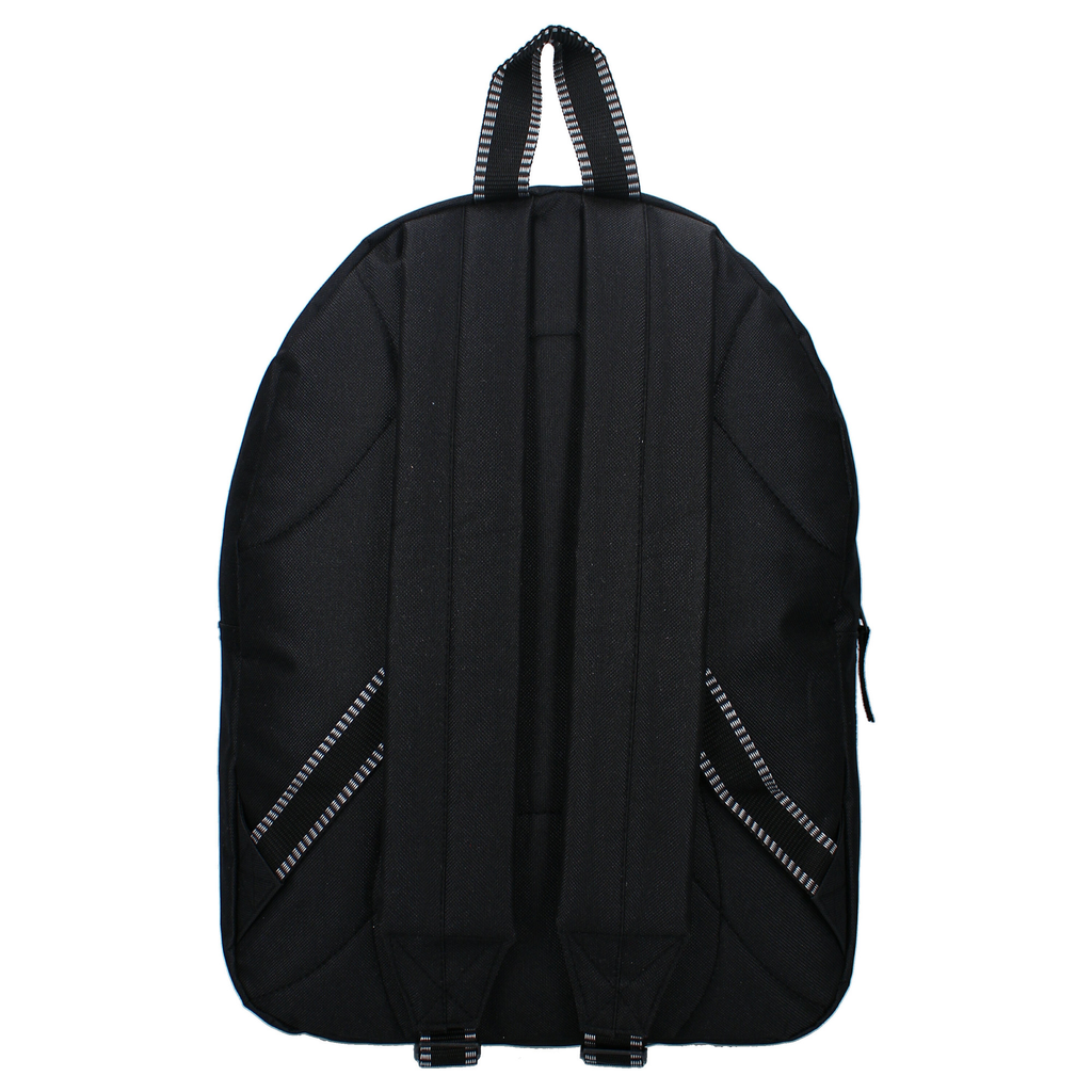 Ergonomische Rückenansicht des schwarzen Pokémon Rucksacks mit gepolsterten Schultergurten und Trageschlaufe.