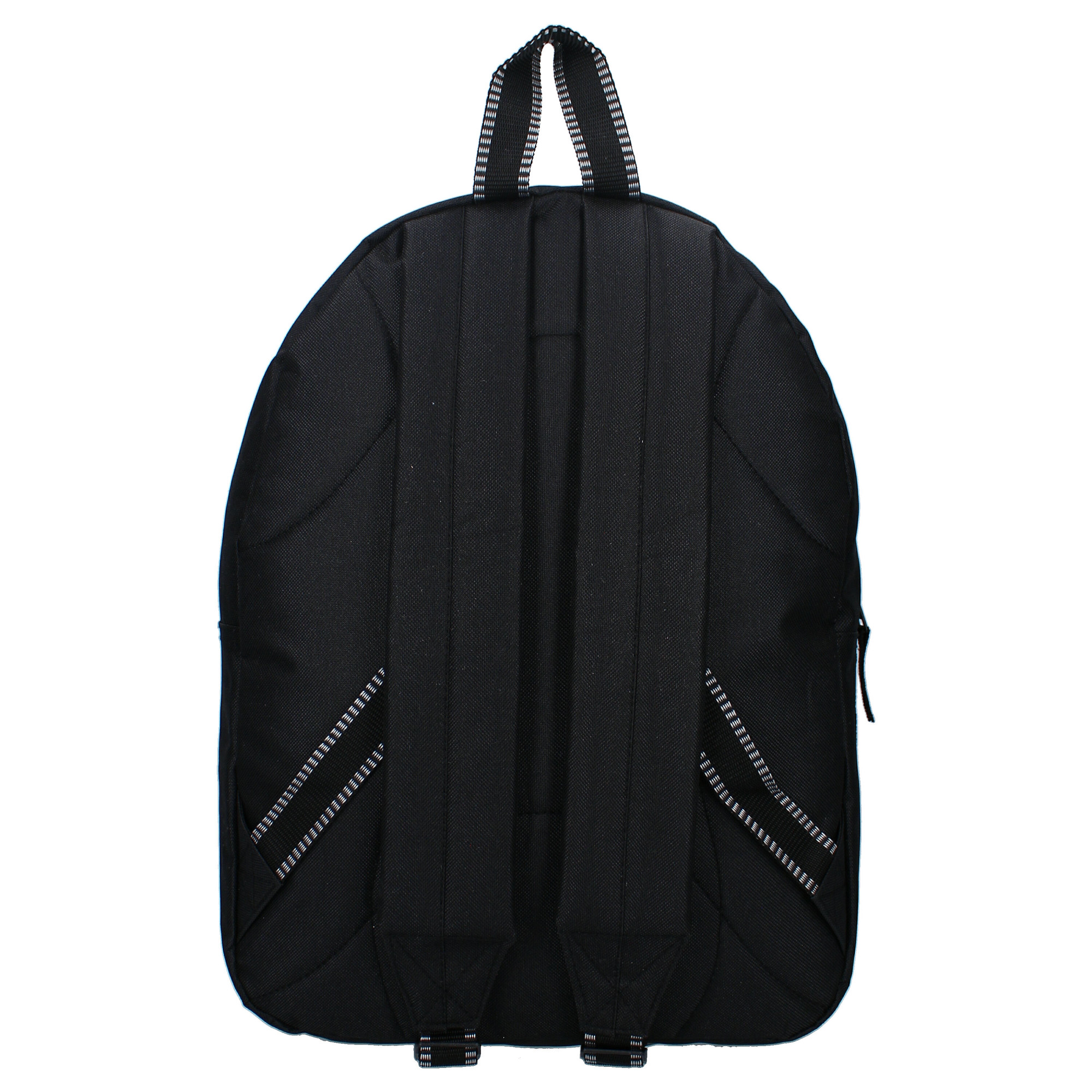Ergonomische Rückenansicht des schwarzen Pokémon Rucksacks mit gepolsterten Schultergurten und Trageschlaufe.