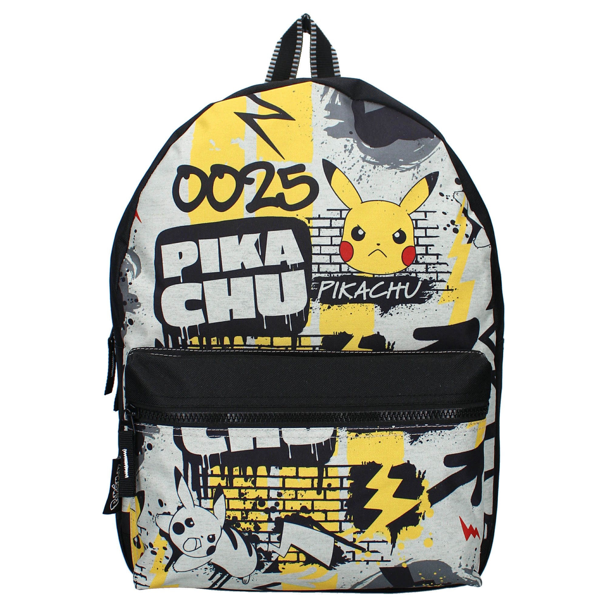 Frontalansicht des Pokémon Rucksacks mit Pikachu-Graffiti-Print, Blitz-Motiven und Aufschrift 0025.