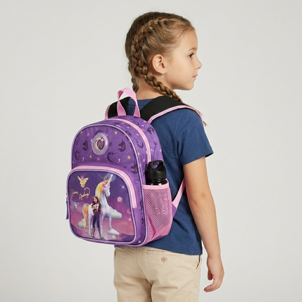 Mädchen von der Seite mit dem lila Unicorn Academy Kinderrucksack auf dem Rücken vor hellgrauem Hintergrund.