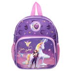 Frontalansicht des lila Unicorn Academy Rucksacks mit Sophia- und Wildstar-Motiv auf der Vortasche.
