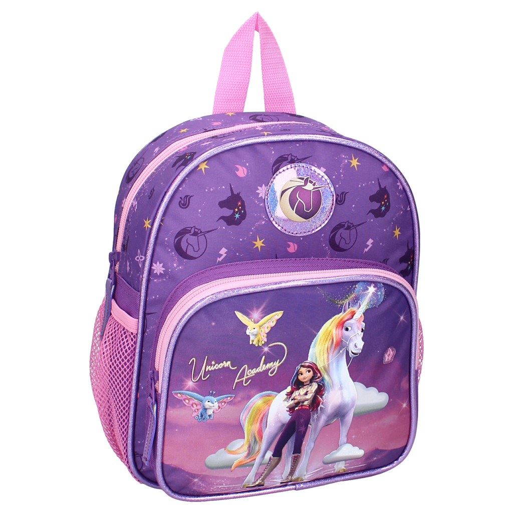 Schräge Frontansicht des lila-rosa Unicorn Academy Kinderrucksacks vor weißem Hintergrund.