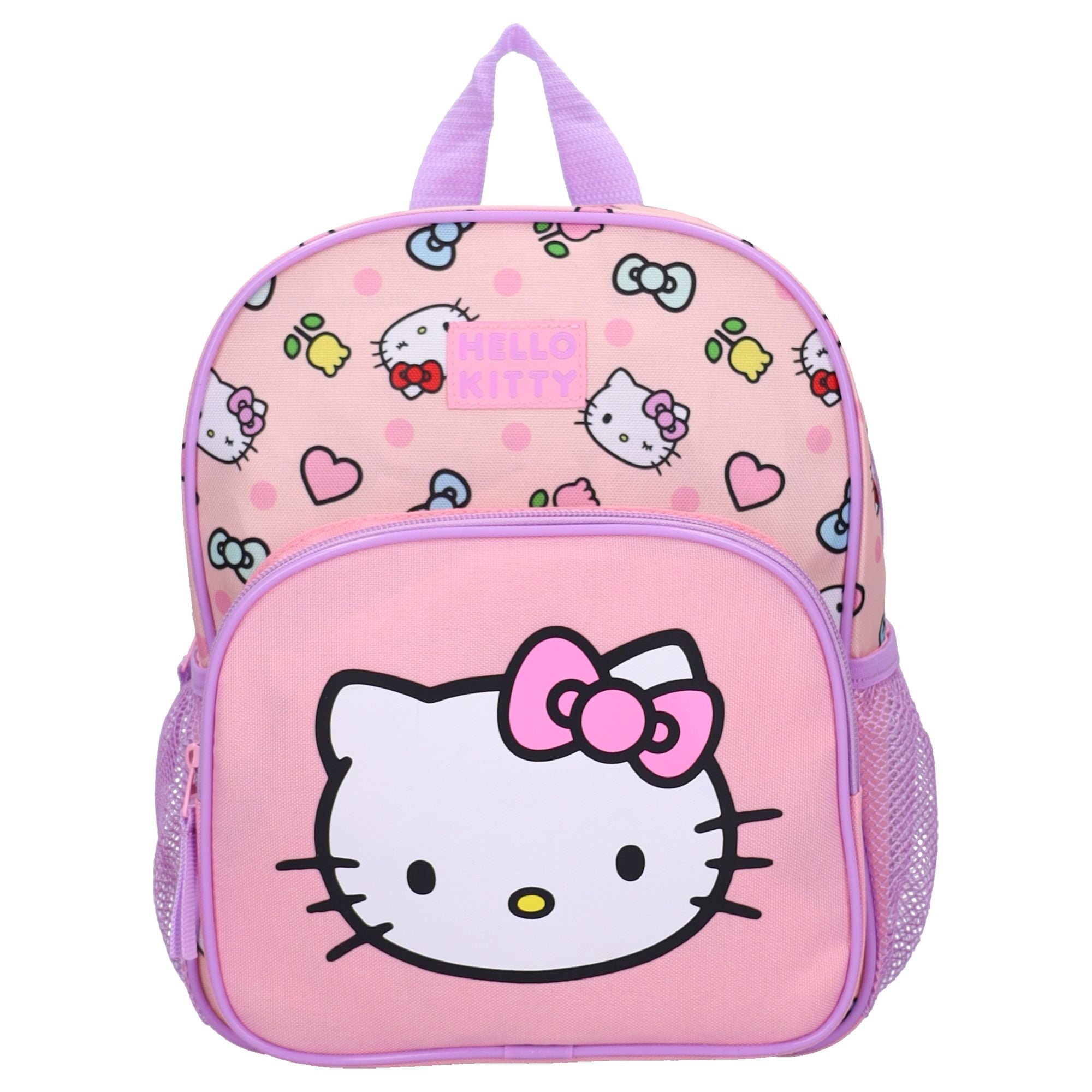 Frontalansicht des Kinderrucksacks mit Hello Kitty Gesicht auf der Fronttasche und Allover-Print oben.
