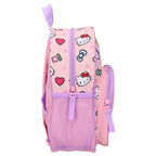 Seitenansicht des rosa Hello Kitty Rucksacks mit lila Netztasche für Getränke und Reißverschluss-Details.